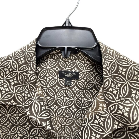 Talbots Brown Floral Geometric Button-Up Stretch Blouse Size Petite 4P Office - Picture 5 of 7